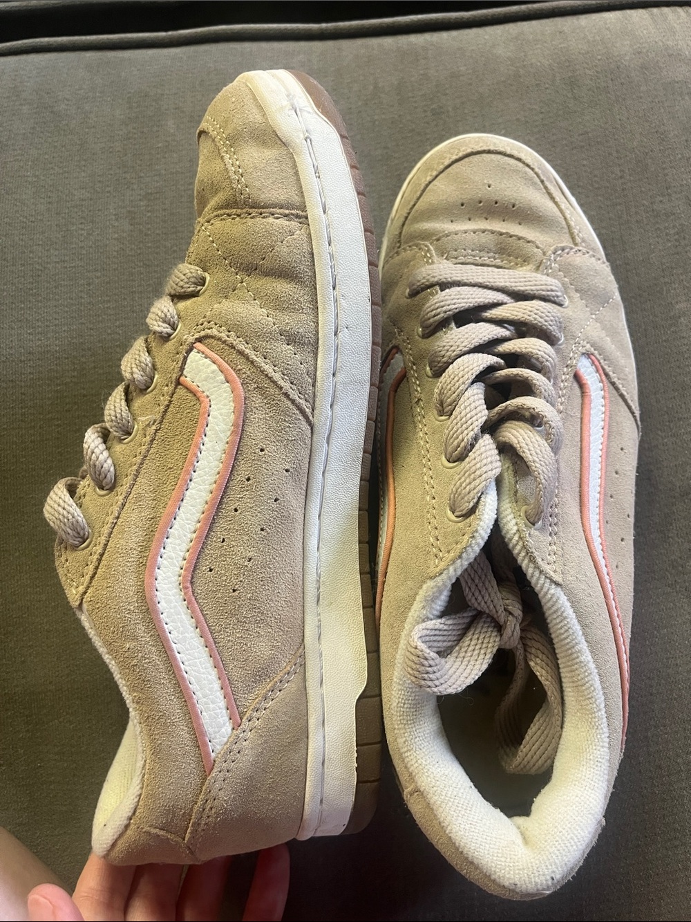 Vans Taupe Suede Low-Top Sneakers with Pink and White Side Stripe